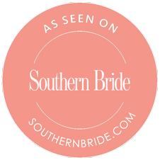 Circular badge with 'As Seen On Southern Bride' text on a pink background