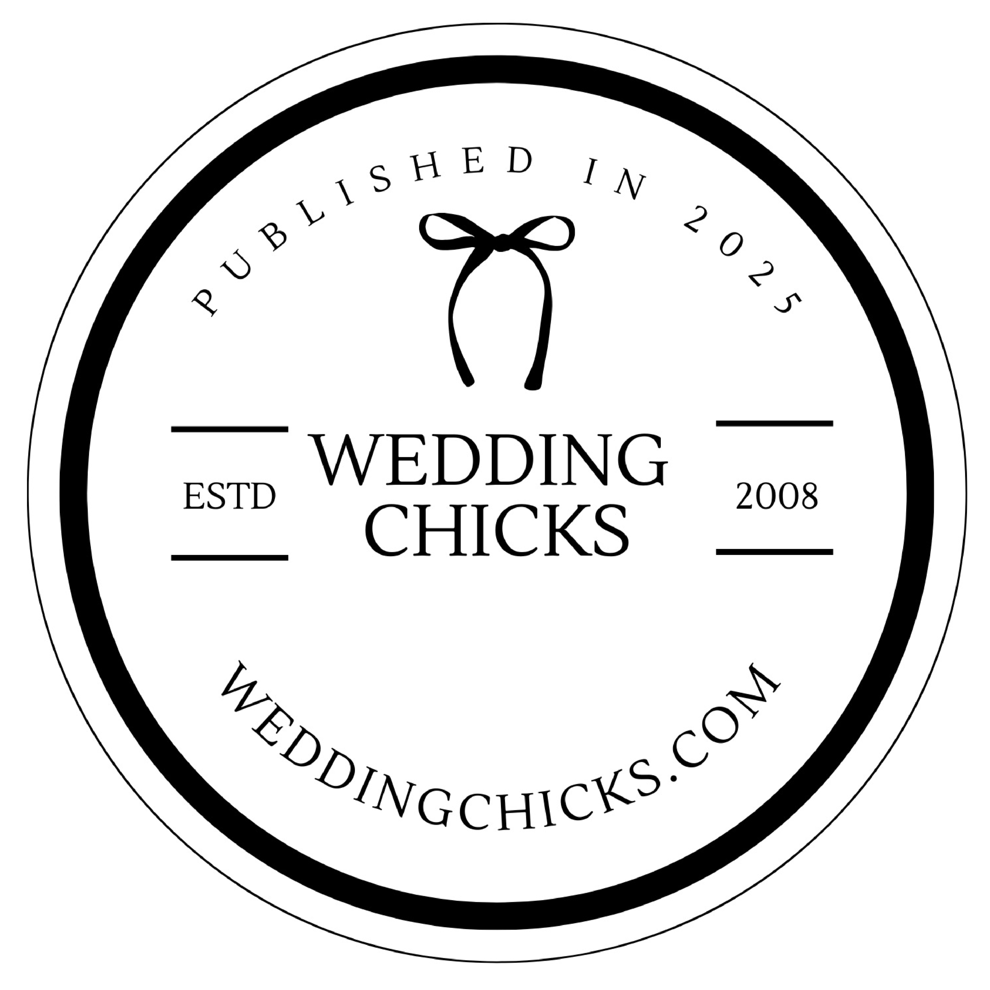 Circular logo with 'Wedding Chicks' branding and website information on a white background